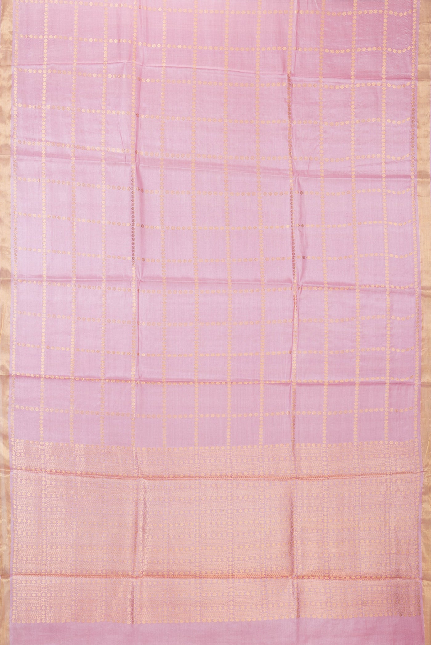 Flat view of Pink Dual Tone Tussar Silk Saree with Checked design on the body and Zari Border. 