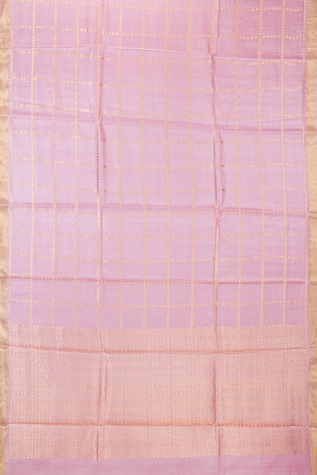 Flat view of Pink Dual Tone Tussar Silk Saree with Checked design on the body and Zari Border. 