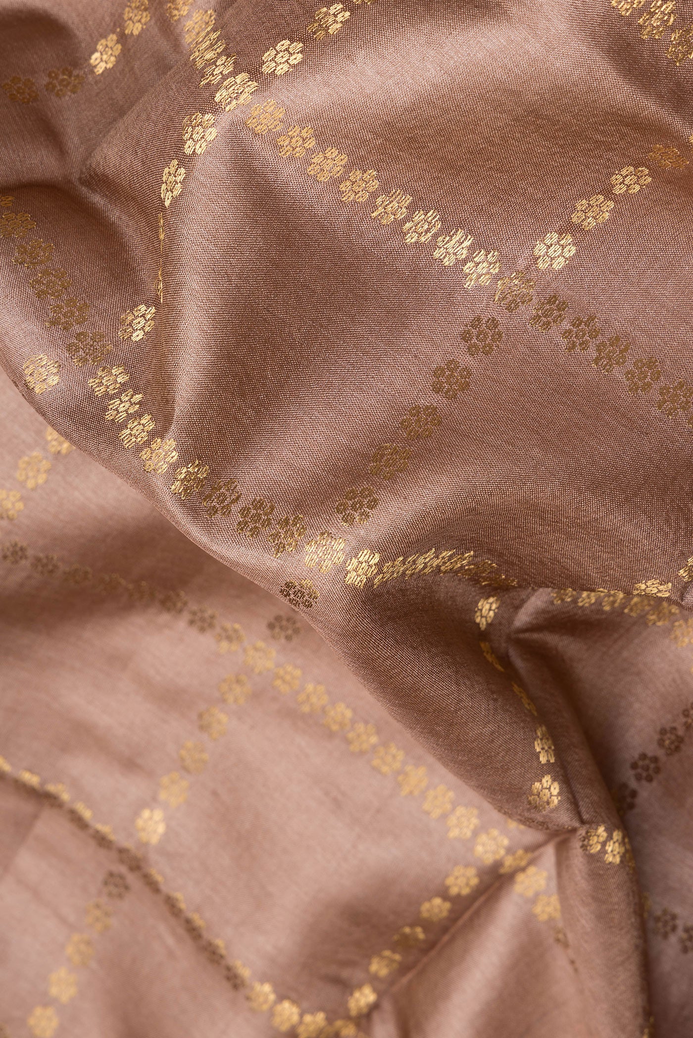 Close up of Brown Dual Tone Tussar Silk Saree with Checked design on the body and Zari Border.  displaying folds