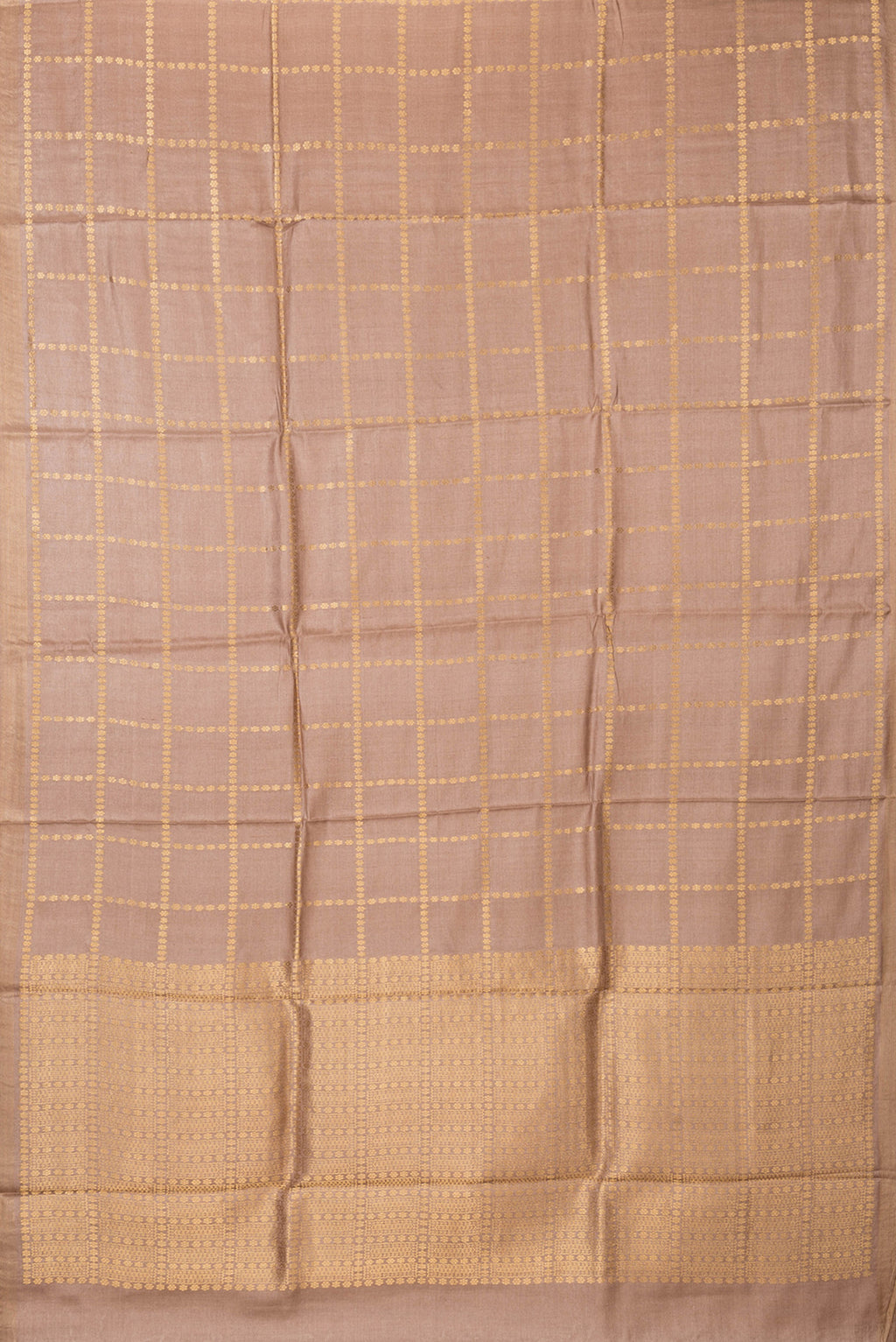 Flat view of Brown Dual Tone Tussar Silk Saree with Checked design on the body and Zari Border. 