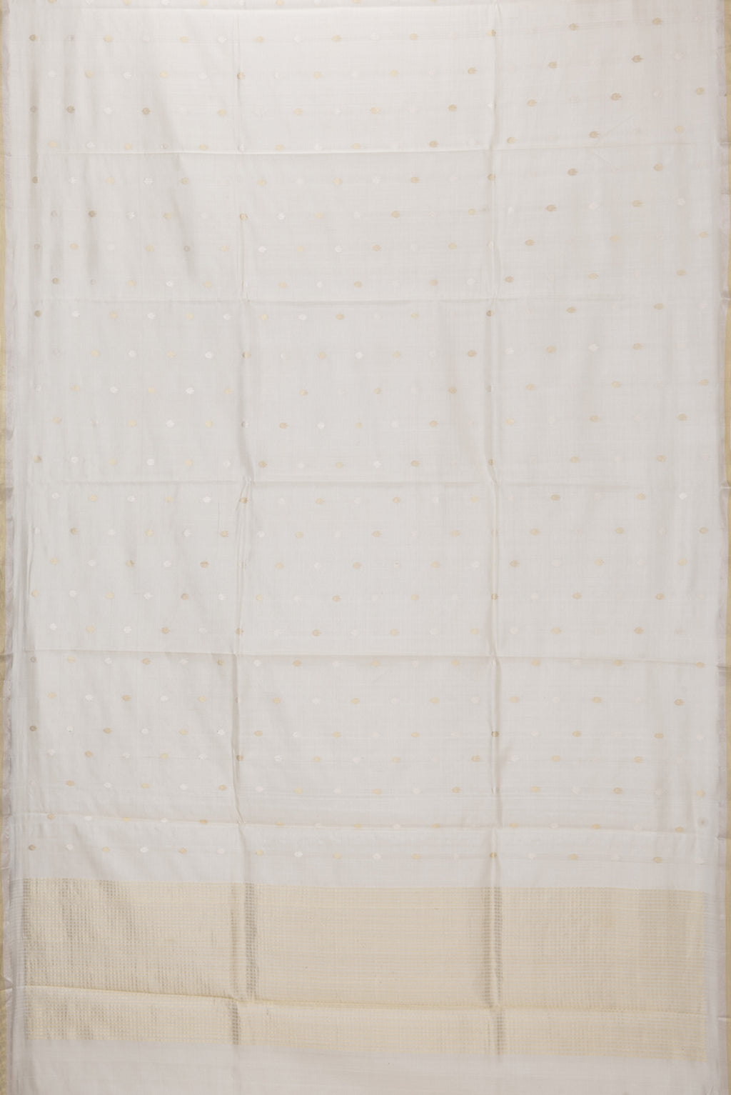 Flat view of Off White Tussar Silk Saree with Zari Butta on the body and Zari Border. 