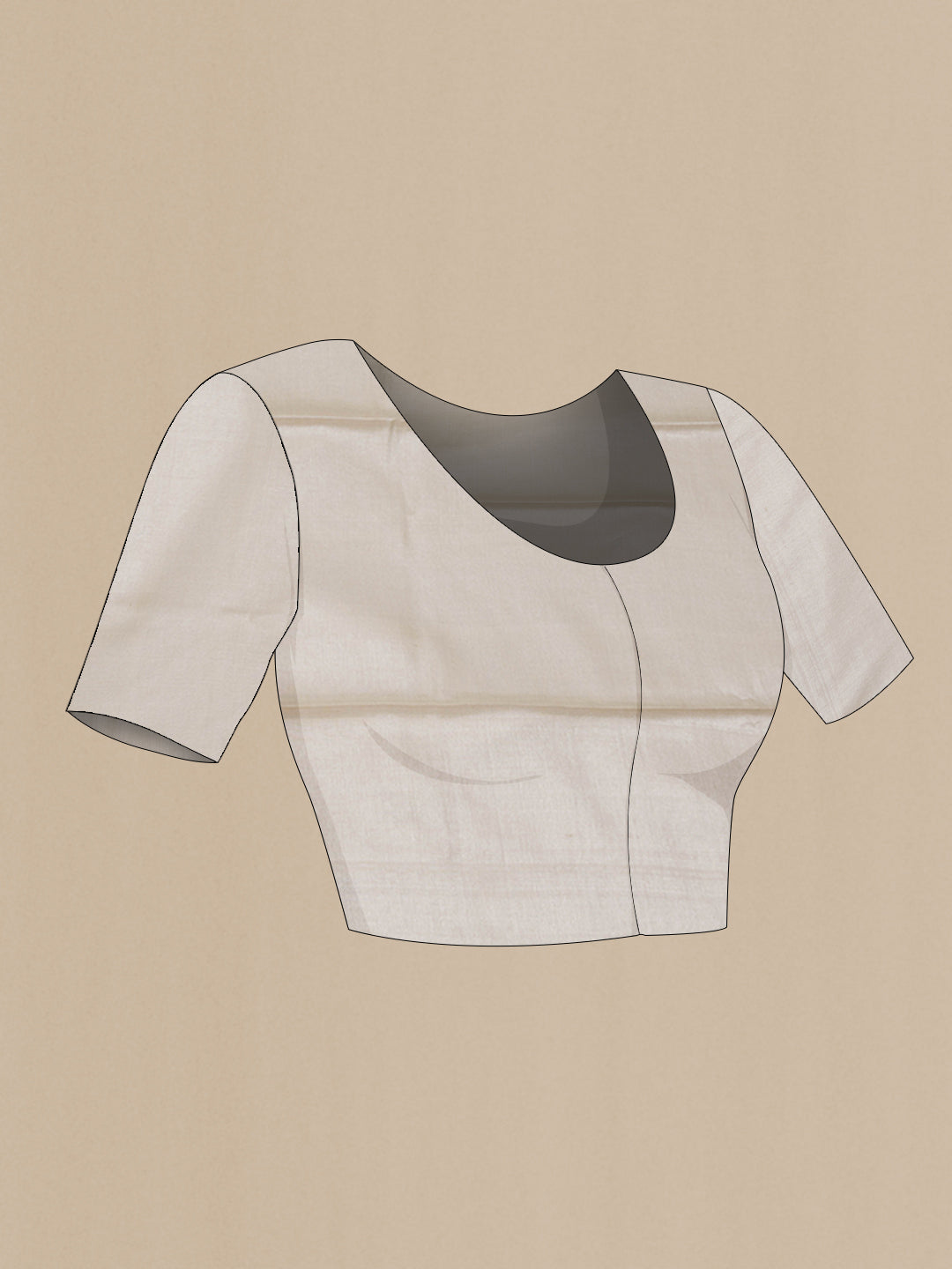 Close up image of the blouse of Beige Dual Tone Tussar Silk Saree with Zari Butta on the body and Without Border. 