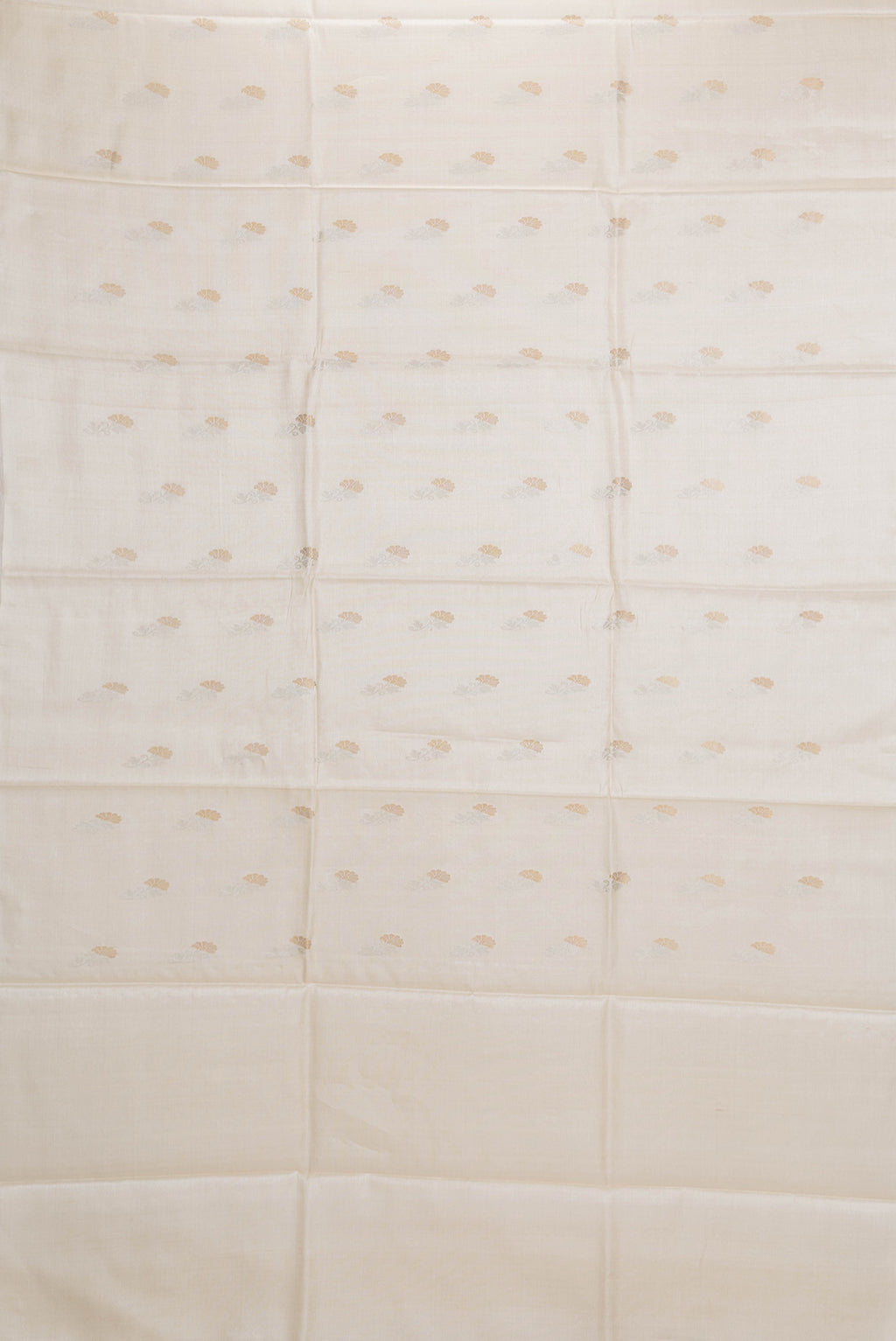 Flat view of Beige Dual Tone Tussar Silk Saree with Zari Butta on the body and Without Border. 