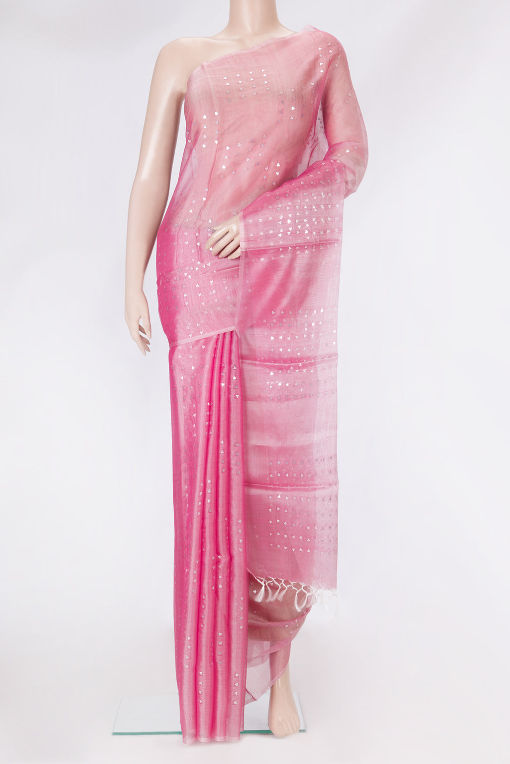 Pink Dual Tone Tussar Silk Saree with Embroidery on the body and Without Border.  displayed on a mannequin