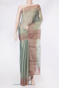 Green Tussar Silk Saree with Plain Body and Temple Border.  displayed on a mannequin