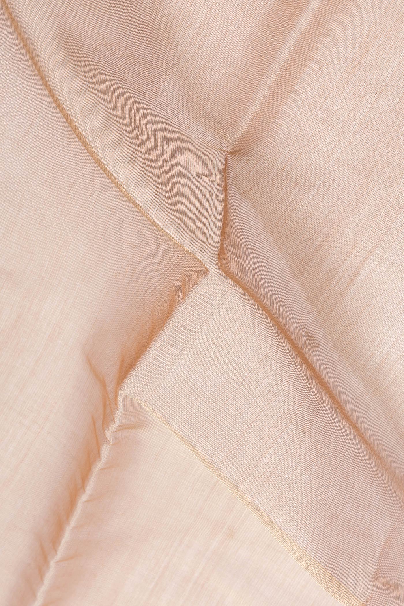 Close up of Gold Dual Tone Tussar Silk Saree with Plain Body and Printed Border.  displaying folds