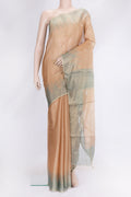 Gold Dual Tone Tussar Silk Saree with Plain Body and Printed Border.  displayed on a mannequin
