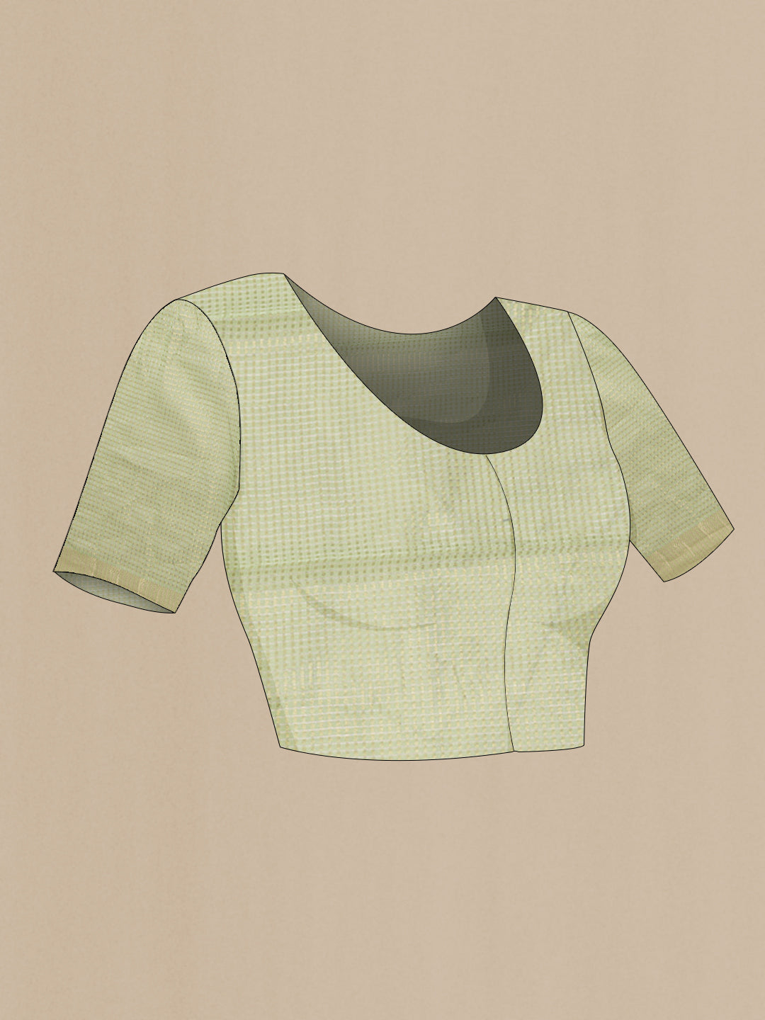 Close up image of the blouse of Pista Green Dual Tone Tussar Silk Saree with Checked design on the body and Zari Border. 