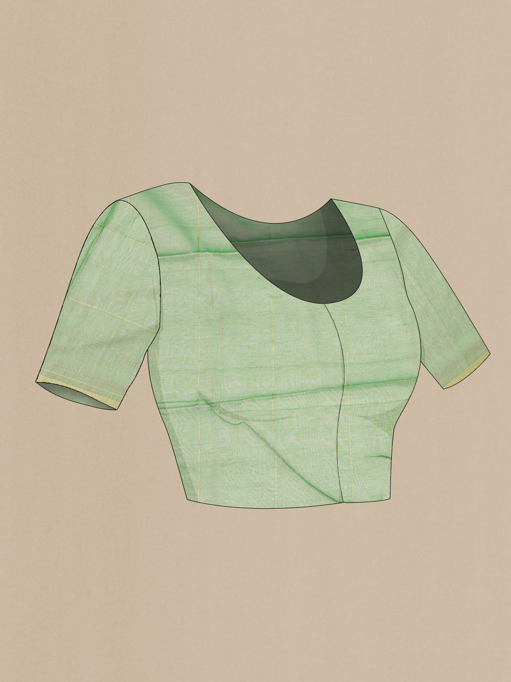 Close up image of the blouse of Green Tussar Saree with Checked design on the body and Zari Border. 