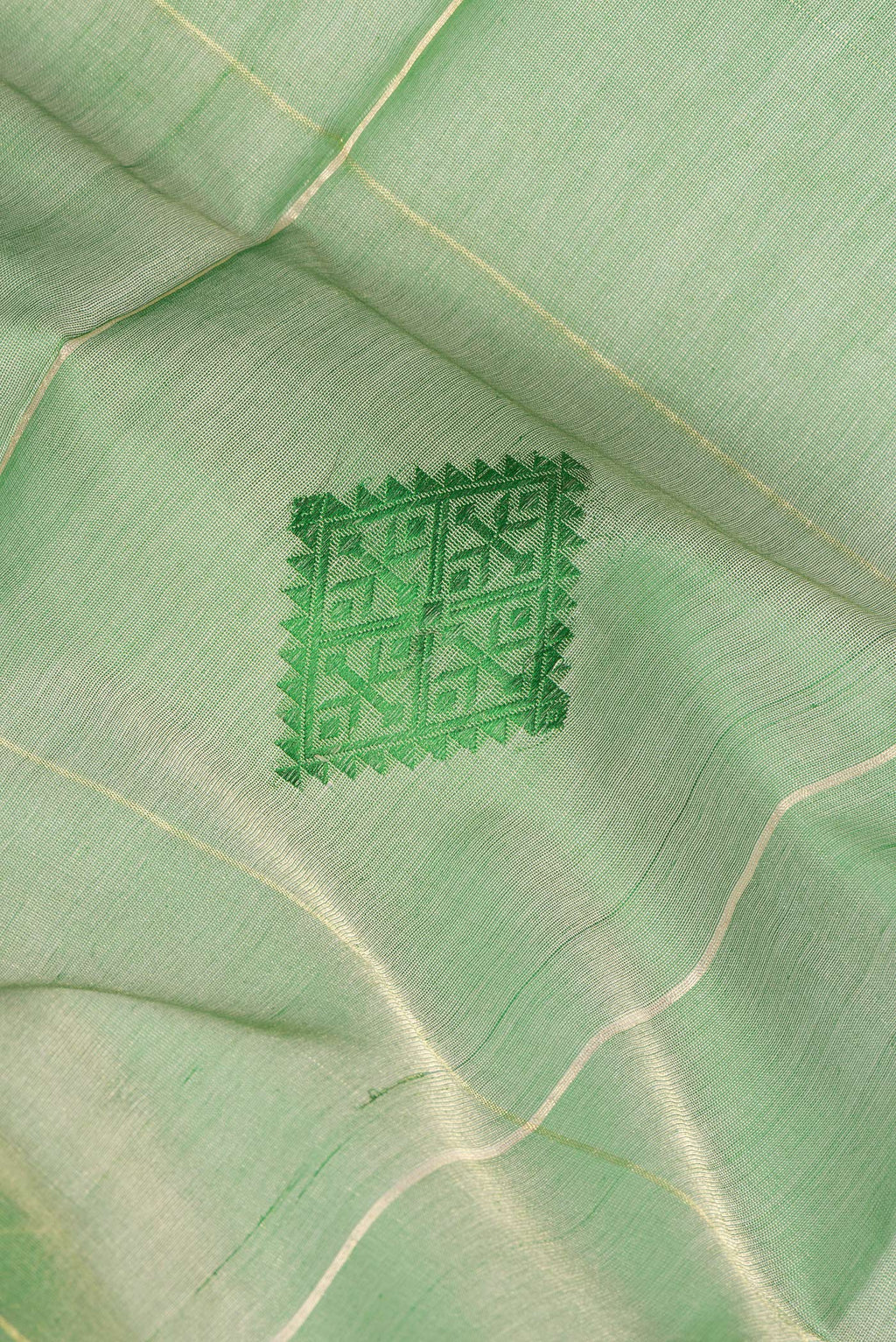Close up of Green Tussar Saree with Checked design on the body and Zari Border.  displaying folds