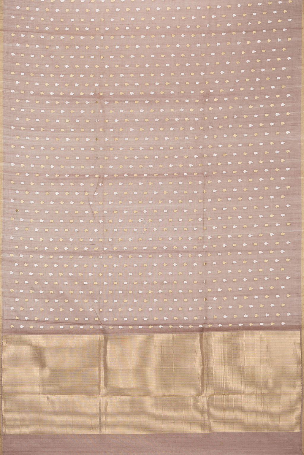 Flat view of Brown Dual Tone Tussar Saree with Zari Butta on the body and Zari Border. 