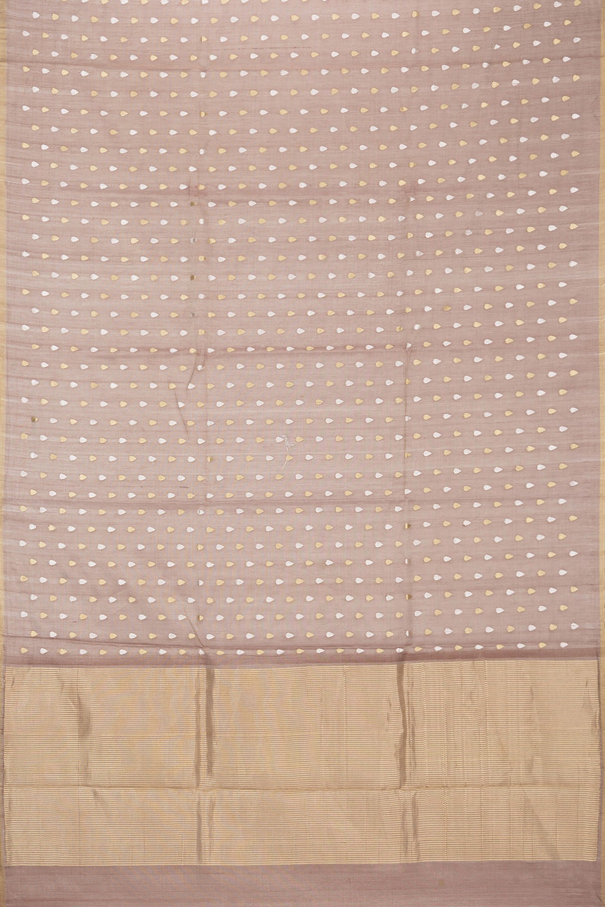 Flat view of Brown Dual Tone Tussar Saree with Zari Butta on the body and Zari Border. 