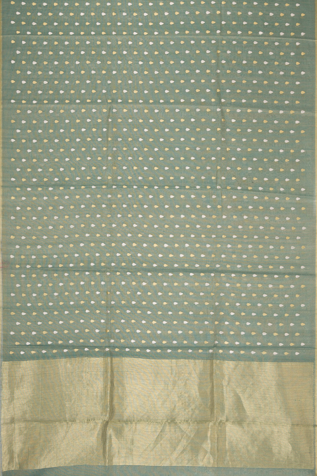 Flat view of Green Dual Tone Chanderi Tissue Silk Saree with Zari Butta on the body and Zari Border. 