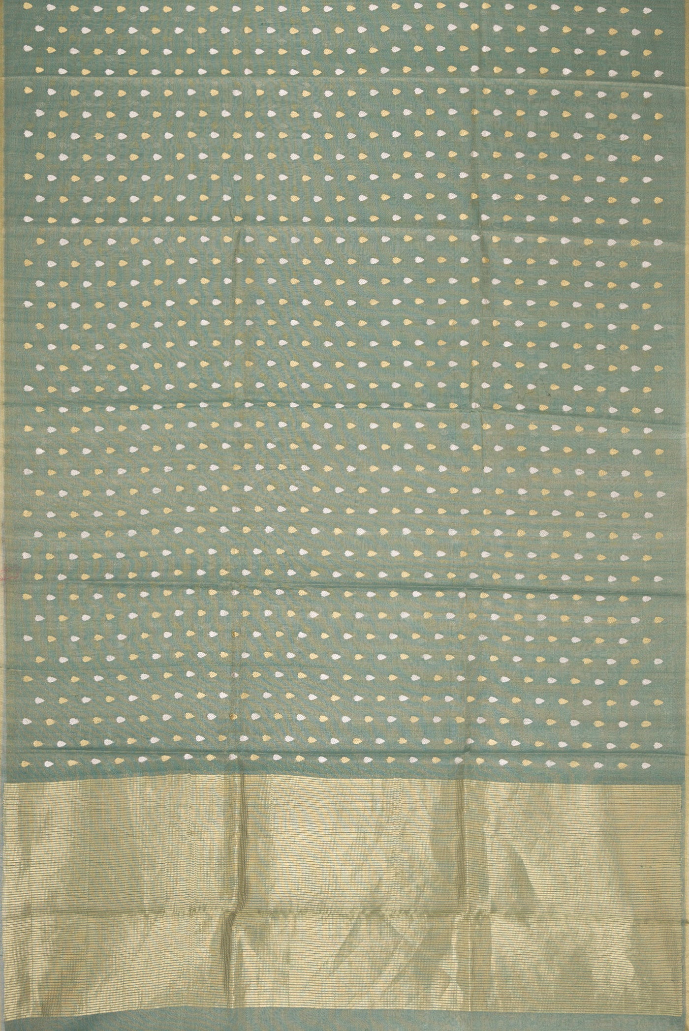 Flat view of Green Dual Tone Chanderi Tissue Silk Saree with Zari Butta on the body and Zari Border. 