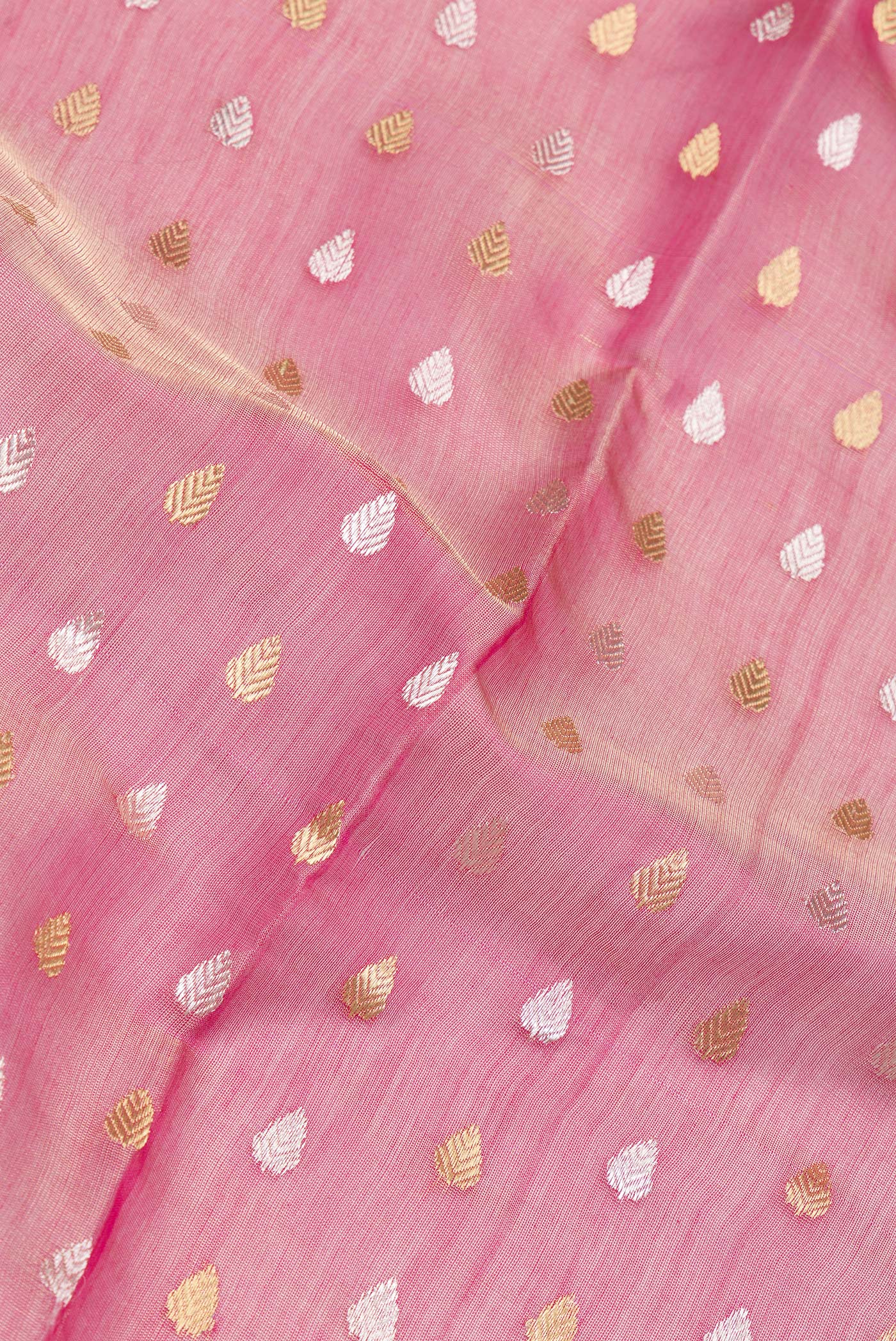 Close up of Rose pink Dual Tone Tussar Silk Saree with Zari Butta on the body and Zari Border.  displaying folds