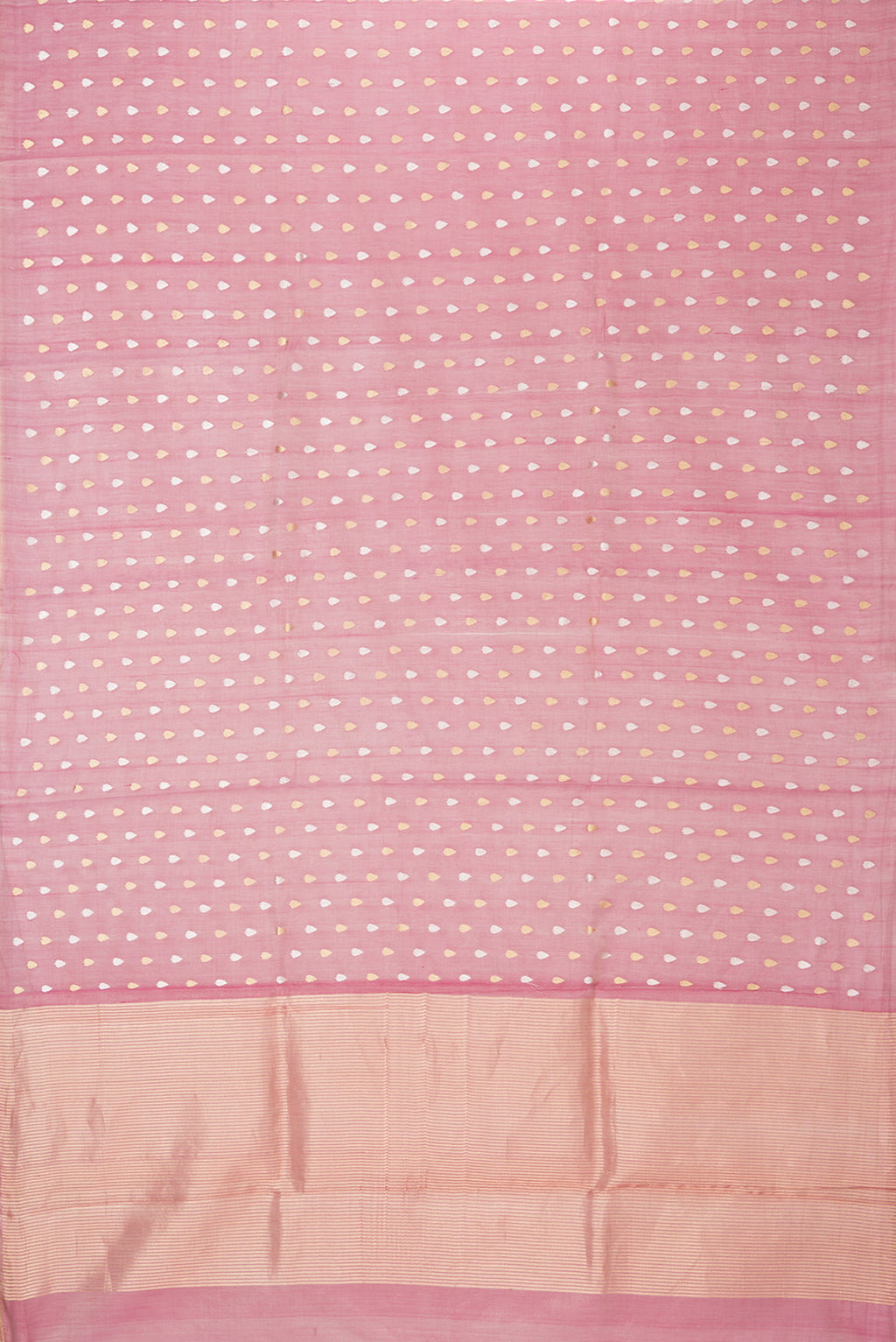 Flat view of Rose pink Dual Tone Tussar Silk Saree with Zari Butta on the body and Zari Border. 
