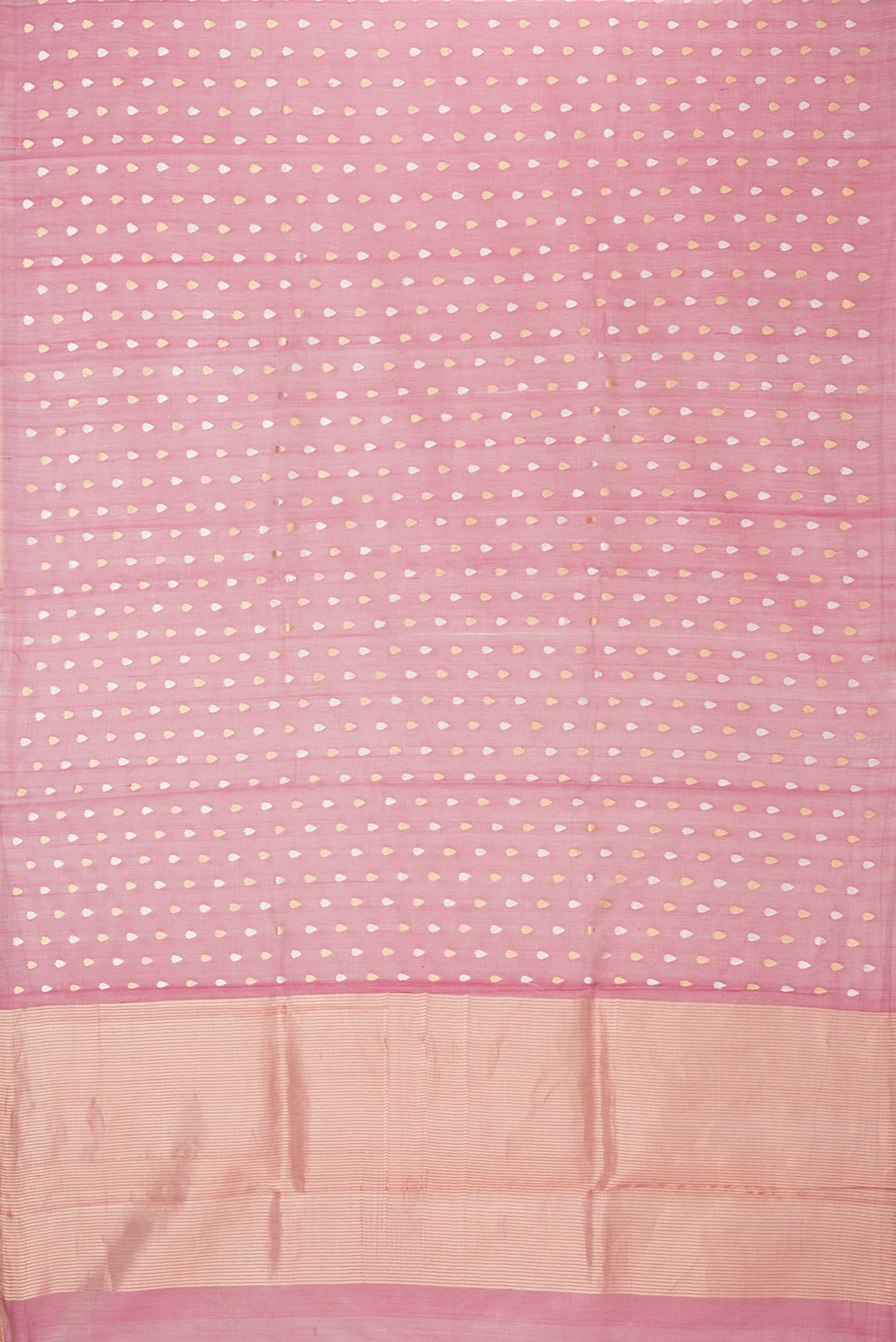Flat view of Rose pink Dual Tone Tussar Silk Saree with Zari Butta on the body and Zari Border. 