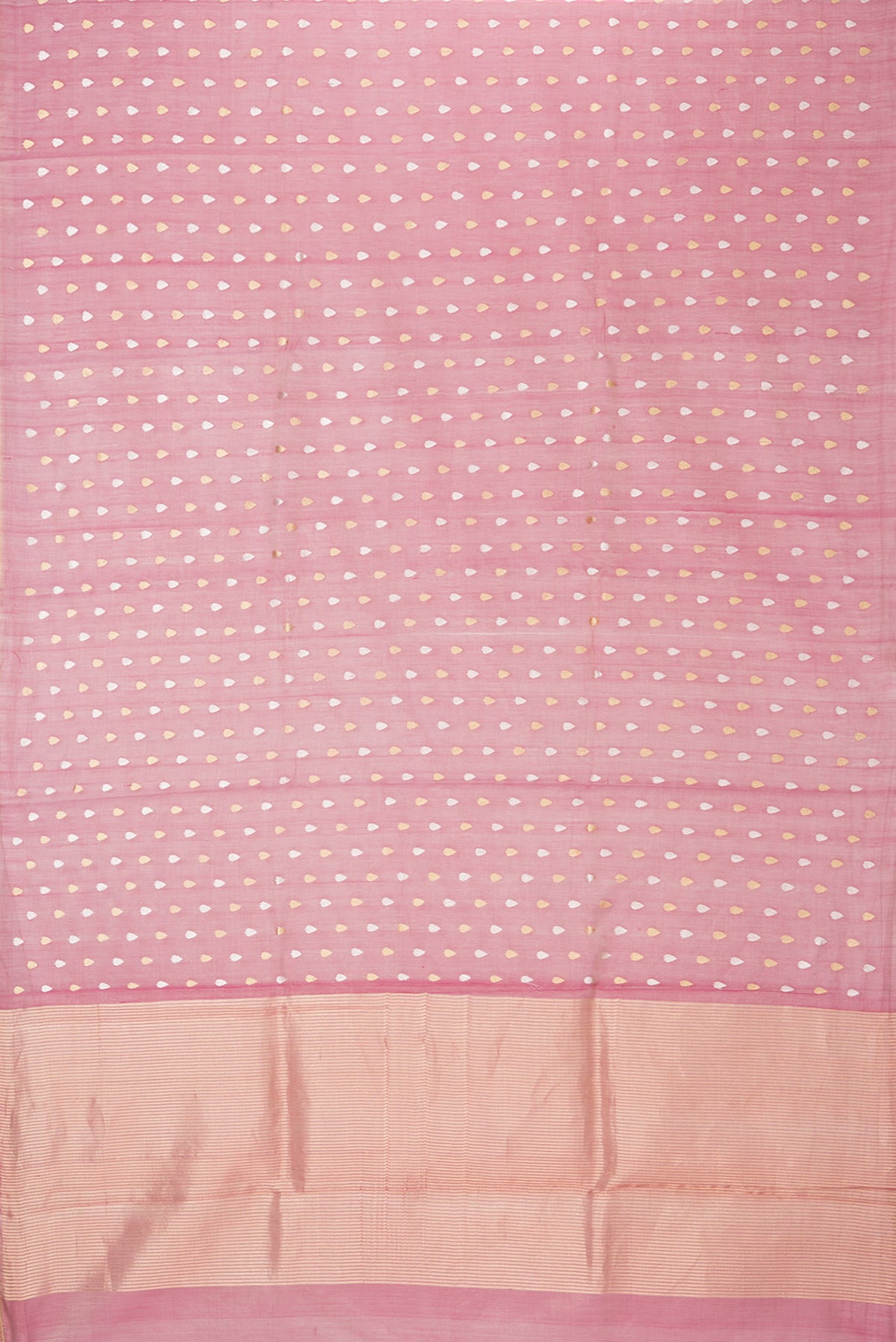 Flat view of Rose pink Dual Tone Tussar Silk Saree with Zari Butta on the body and Zari Border. 