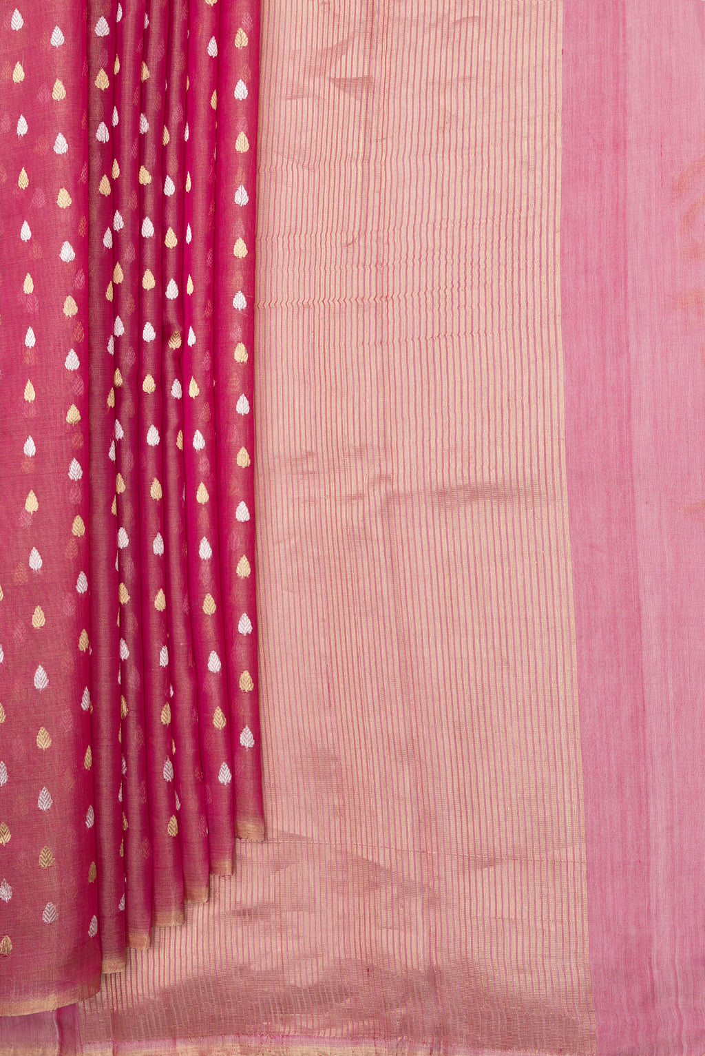 Pleats and pallu of Rose pink Dual Tone Tussar Silk Saree with Zari Butta on the body and Zari Border. 