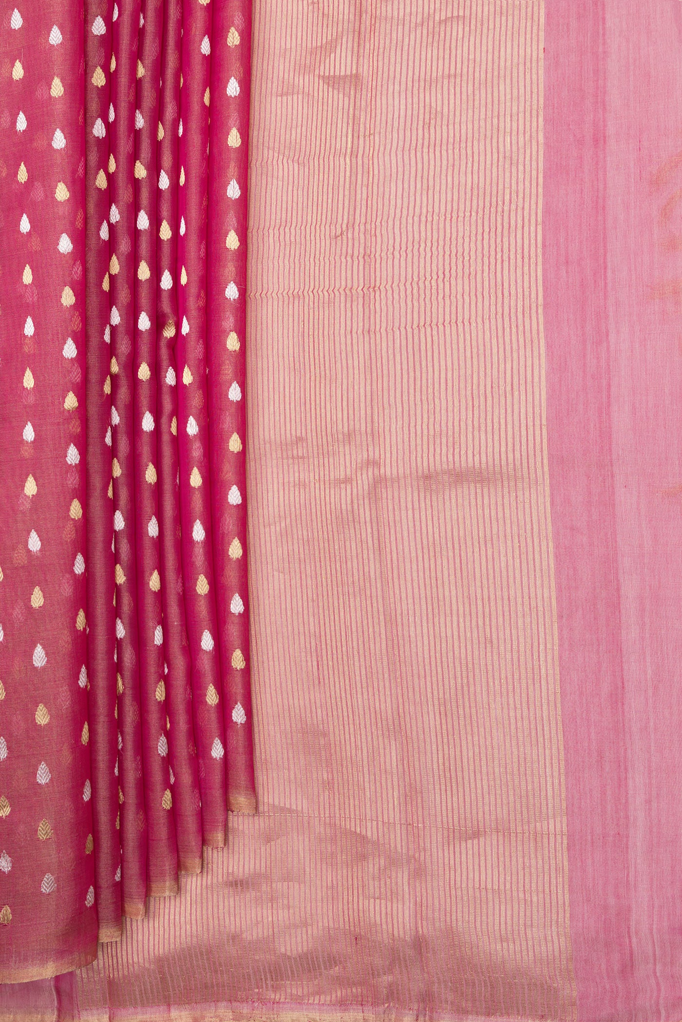 Pleats and pallu of Rose pink Dual Tone Tussar Silk Saree with Zari Butta on the body and Zari Border. 