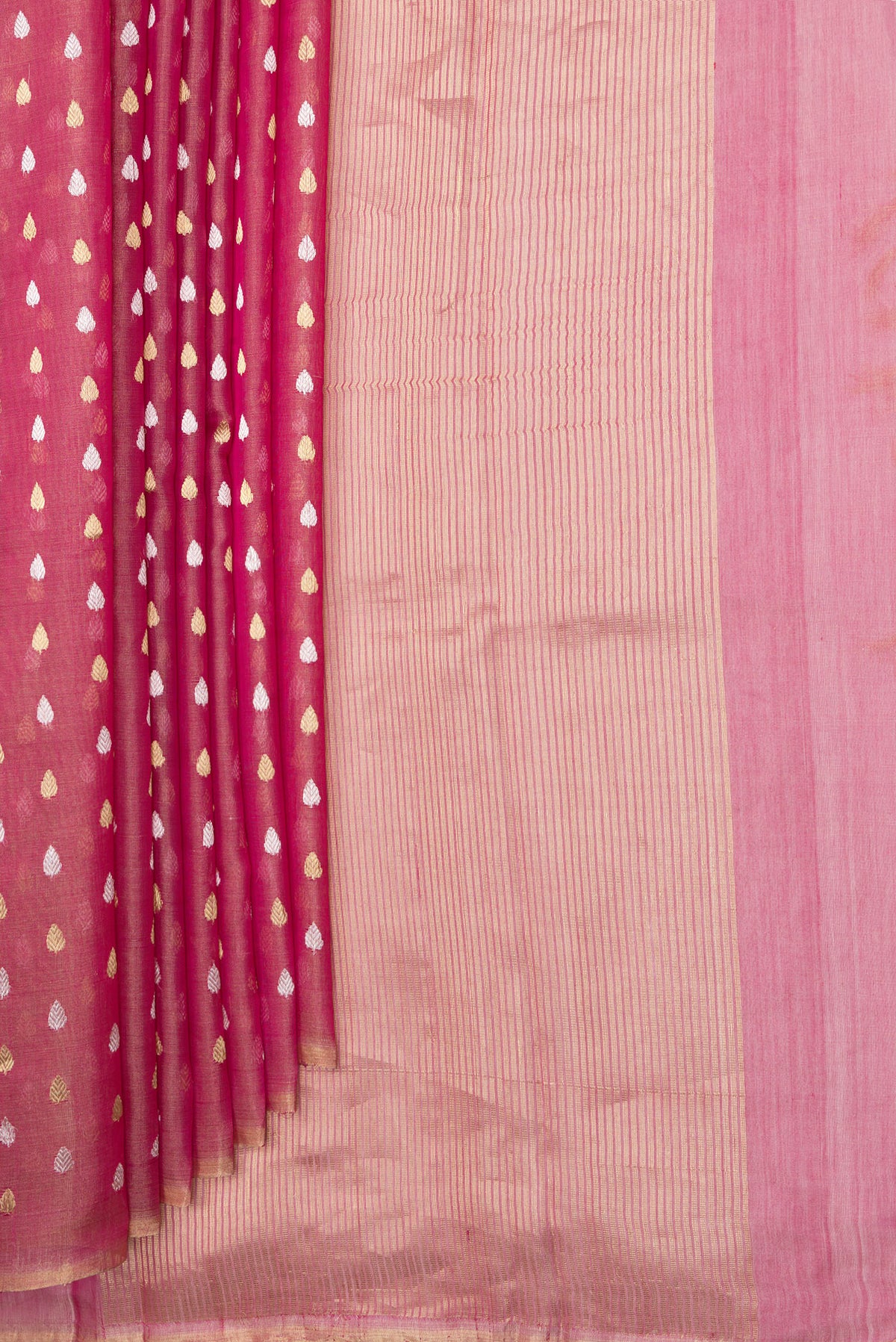 Pleats and pallu of Rose pink Dual Tone Tussar Silk Saree with Zari Butta on the body and Zari Border. 