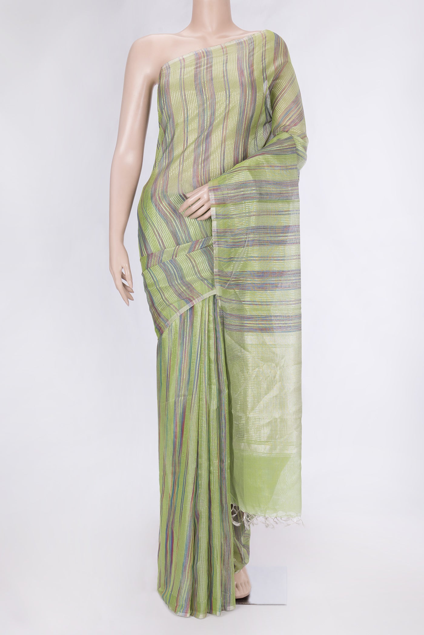 Pista Green Dual Tone Chanderi Silk Saree with Stripes on the body and Thin Zari Line.  displayed on a mannequin