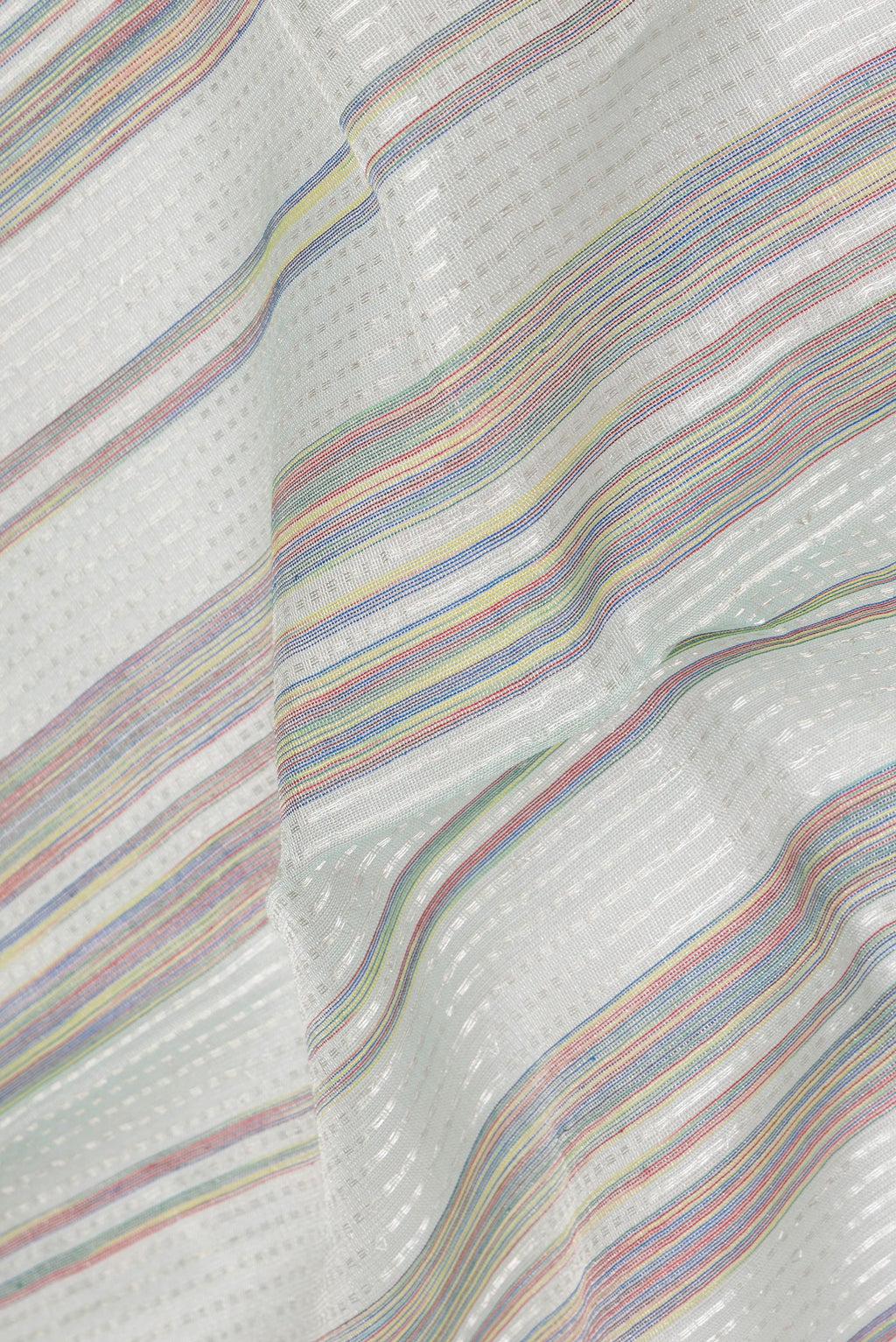 Close up of Pure Silk Grey Dual Tone Organza Saree with Stripes on the body and Without Border.  displaying folds