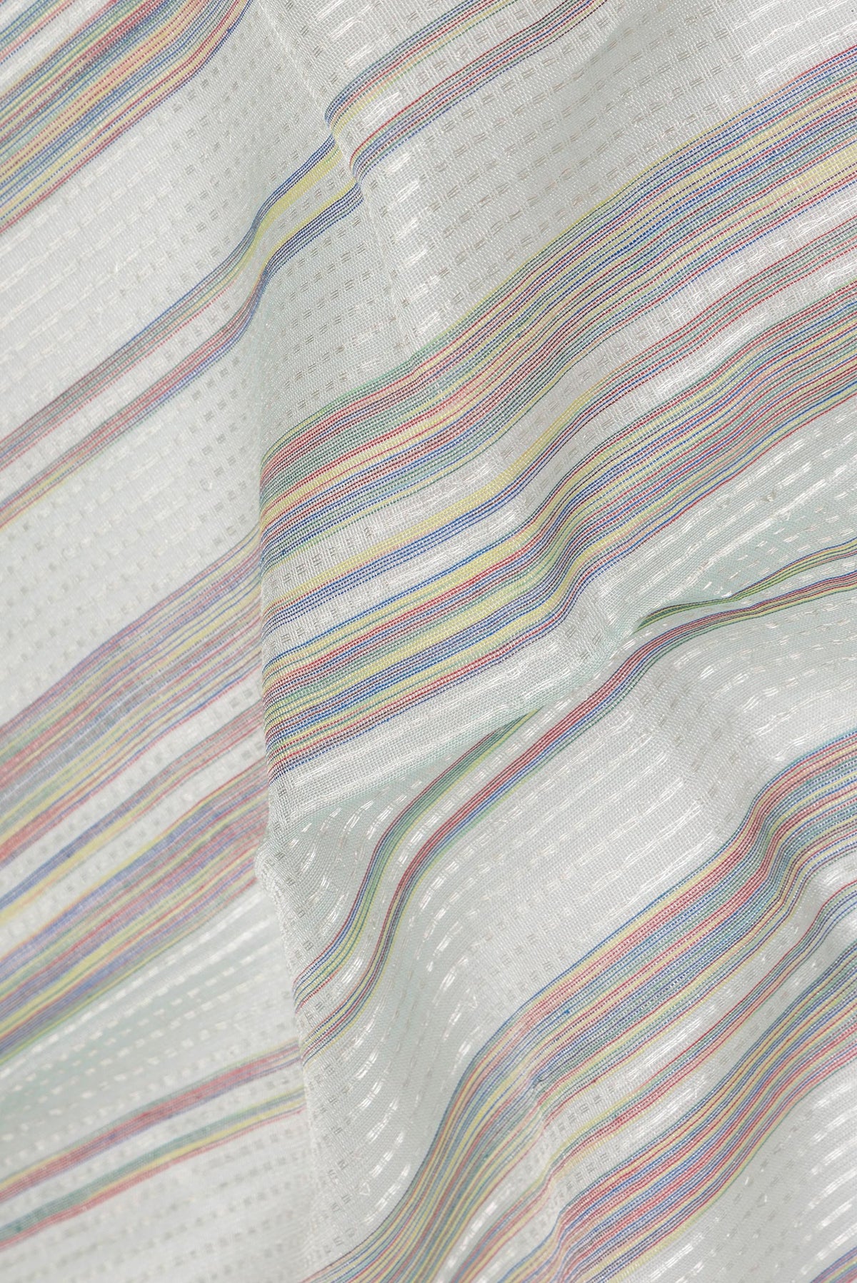 Close up of Pure Silk Grey Dual Tone Organza Saree with Stripes on the body and Without Border.  displaying folds