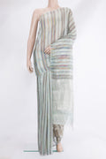 Pure Silk Grey Dual Tone Organza Saree with Stripes on the body and Without Border.  displayed on a mannequin