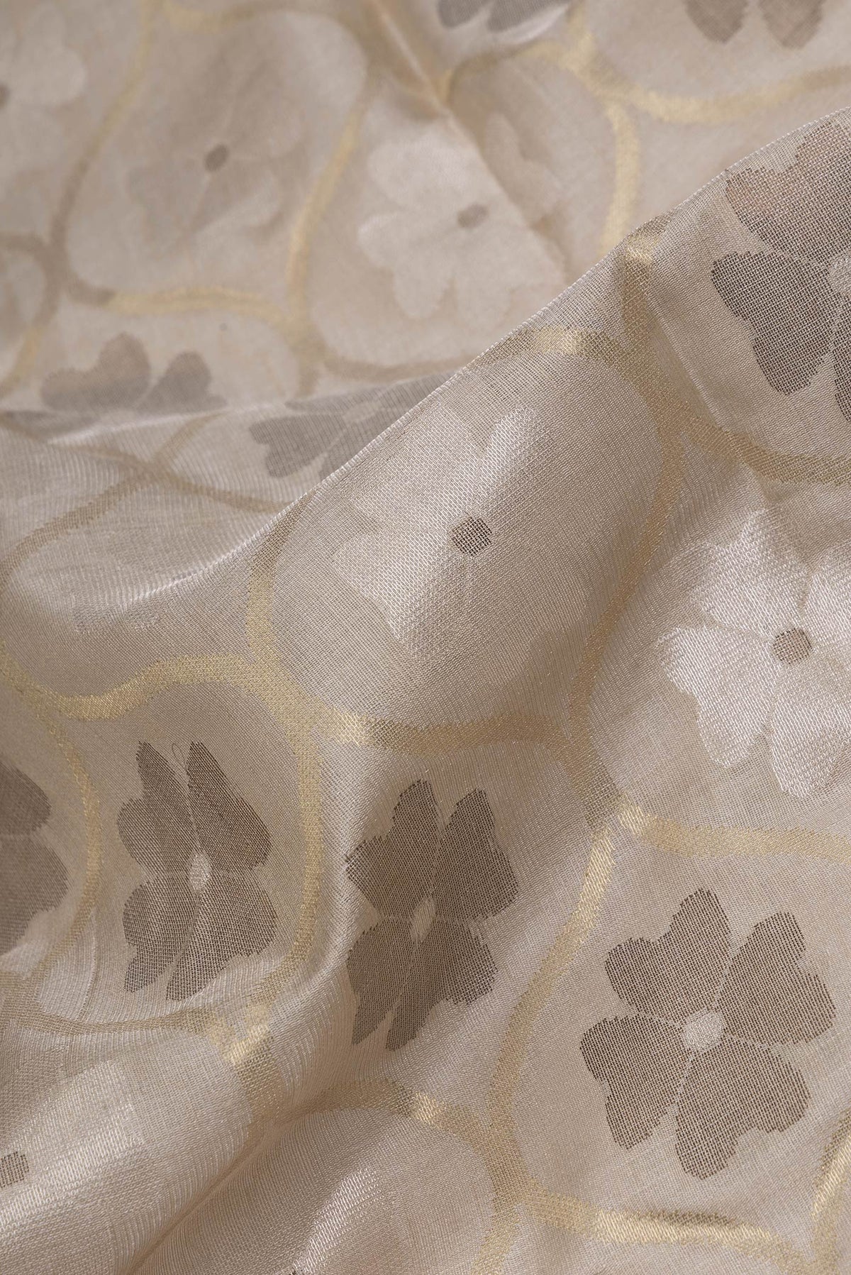 Close up of Beige Dual Tone Chanderi Silk Saree with Zari Brocade on the body and Without Border.  displaying folds