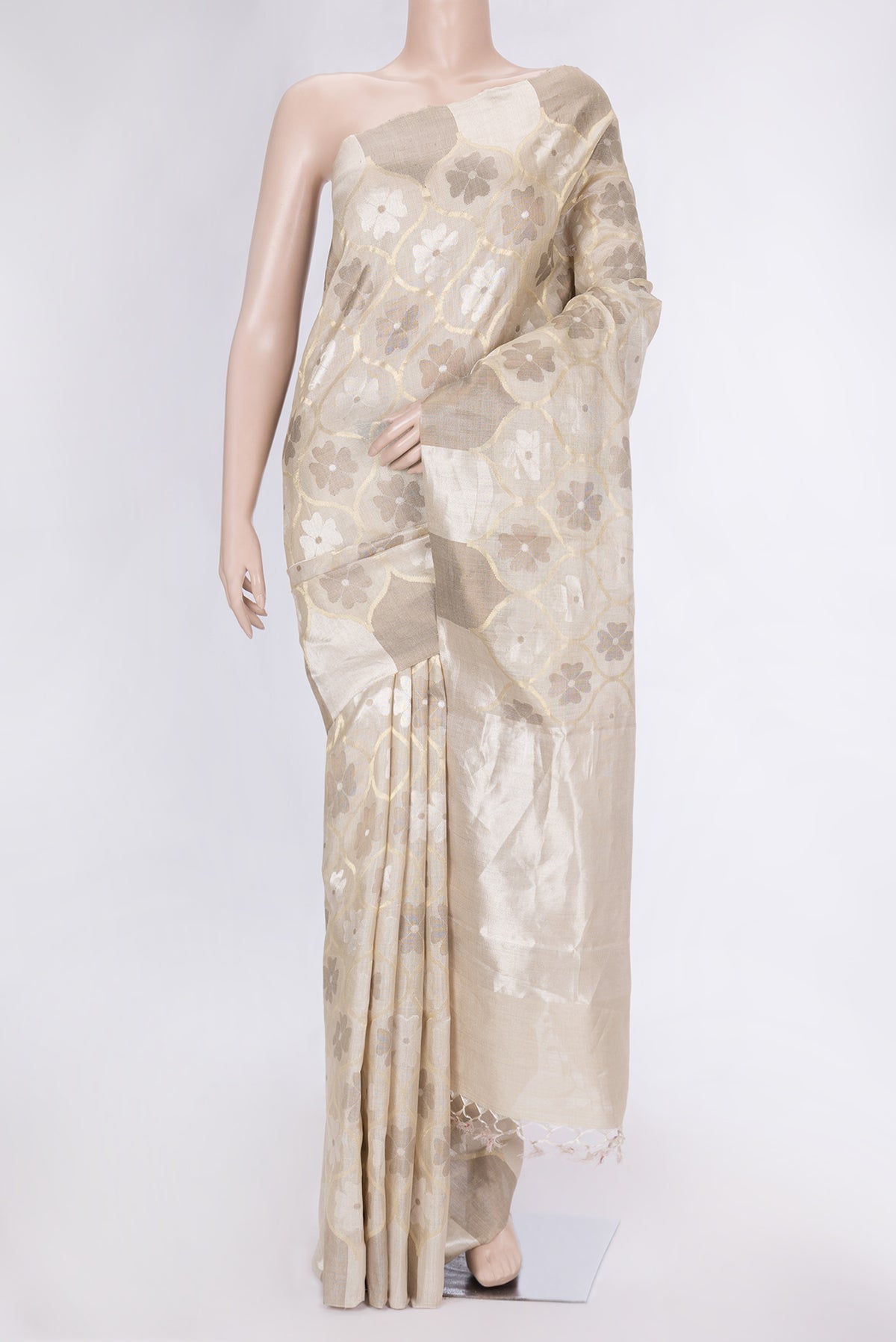 Beige Dual Tone Chanderi Silk Saree with Zari Brocade on the body and Without Border.  displayed on a mannequin