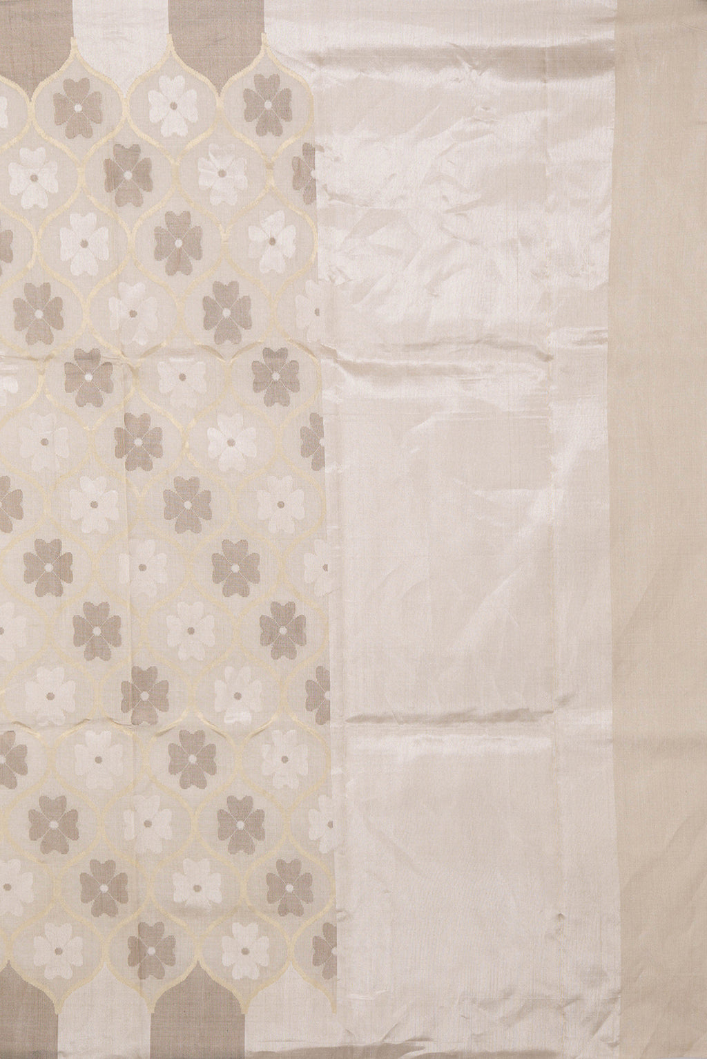 Close up image of the pallu of Beige Dual Tone Chanderi Silk Saree with Zari Brocade on the body and Without Border. 