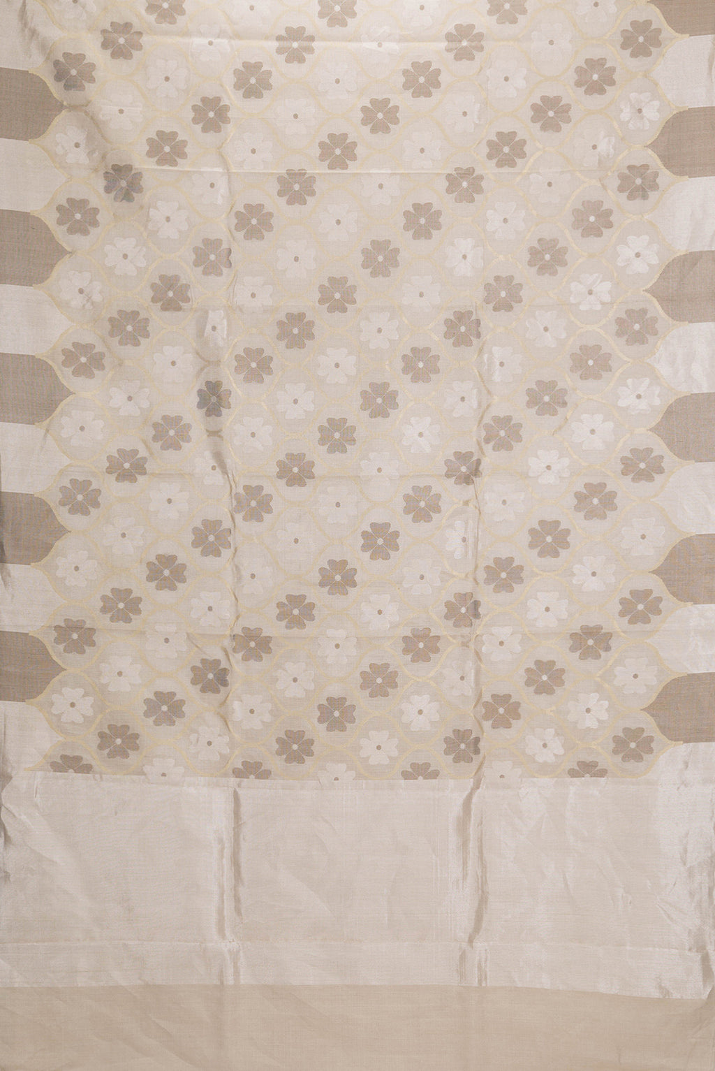 Flat view of Beige Dual Tone Chanderi Silk Saree with Zari Brocade on the body and Without Border. 