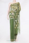 Green Dual Tone Tussar Silk Saree with Checked design on the body and Zari Border.  displayed on a mannequin