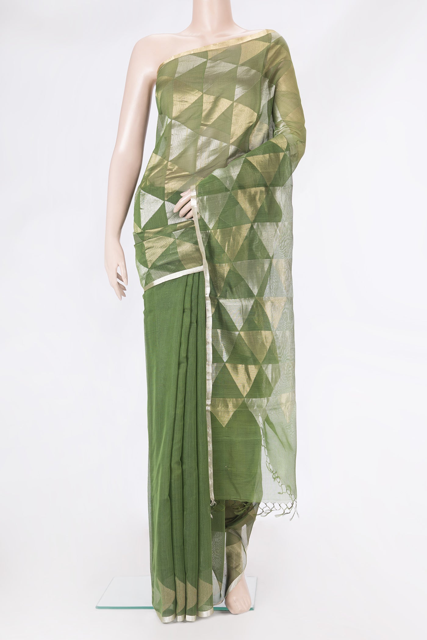 Green Dual Tone Tussar Silk Saree with Checked design on the body and Zari Border.  displayed on a mannequin