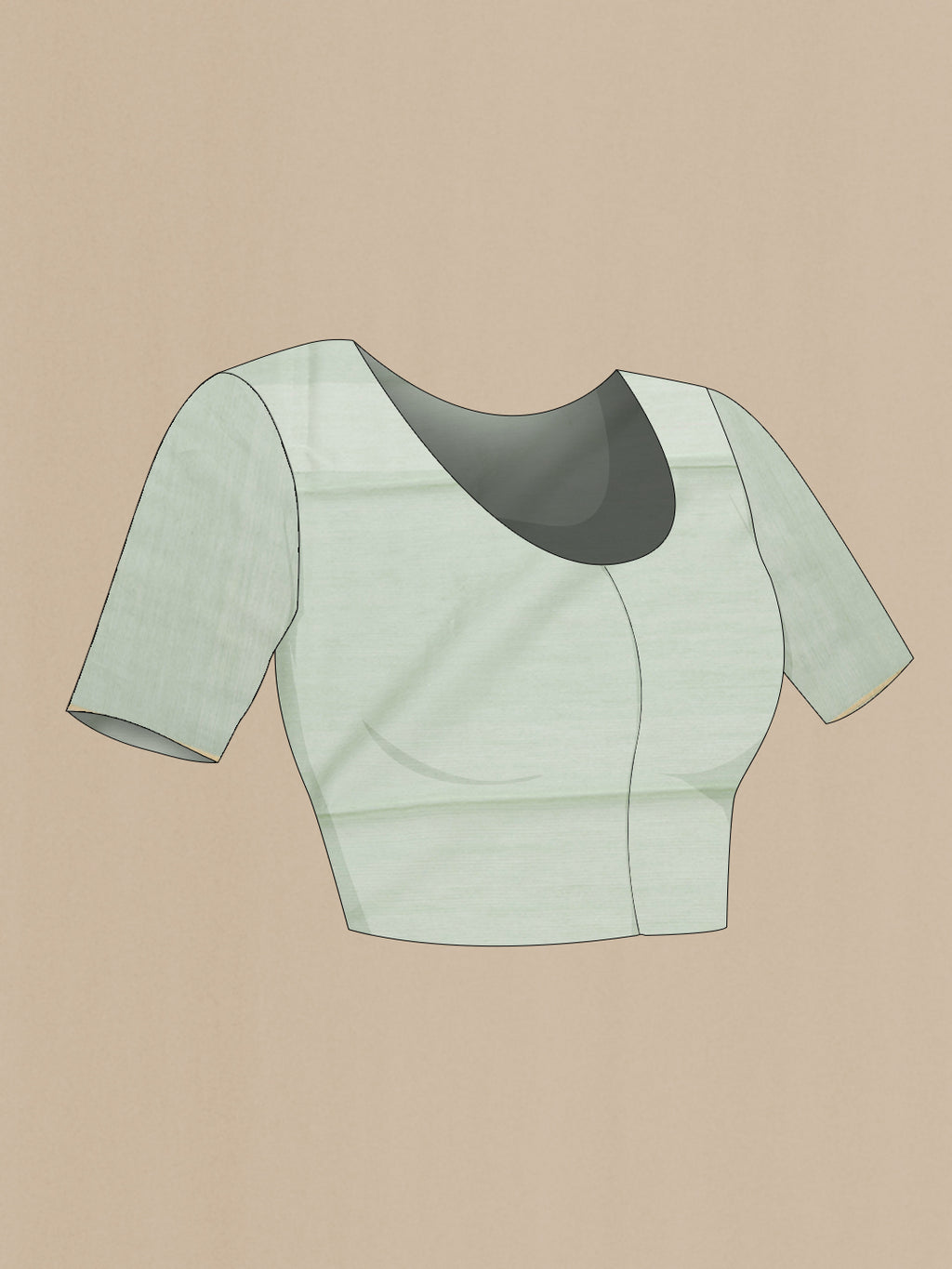 Close up image of the blouse of Pista Green Tussar Silk Saree with Stripes on the body and Thin Zari Line. 