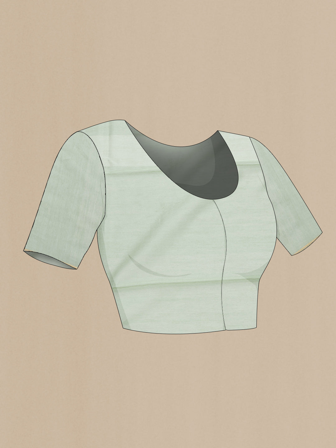 Close up image of the blouse of Pista Green Tussar Silk Saree with Stripes on the body and Thin Zari Line. 