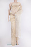 Off White Tussar Silk Saree with Stripes on the body and Thin Zari Line.  displayed on a mannequin
