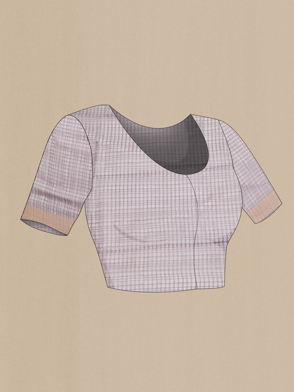 Close up image of the blouse of Grey Dual Tone Tussar Silk Saree with Checked design on the body and Zari Border. 