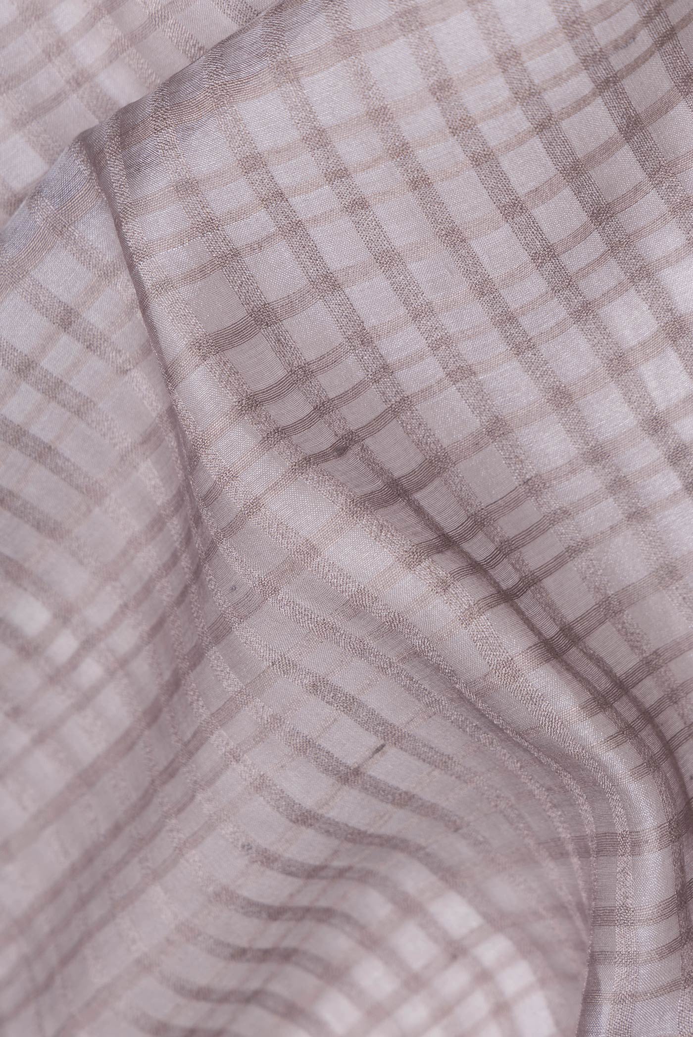 Close up of Grey Dual Tone Tussar Silk Saree with Checked design on the body and Zari Border.  displaying folds