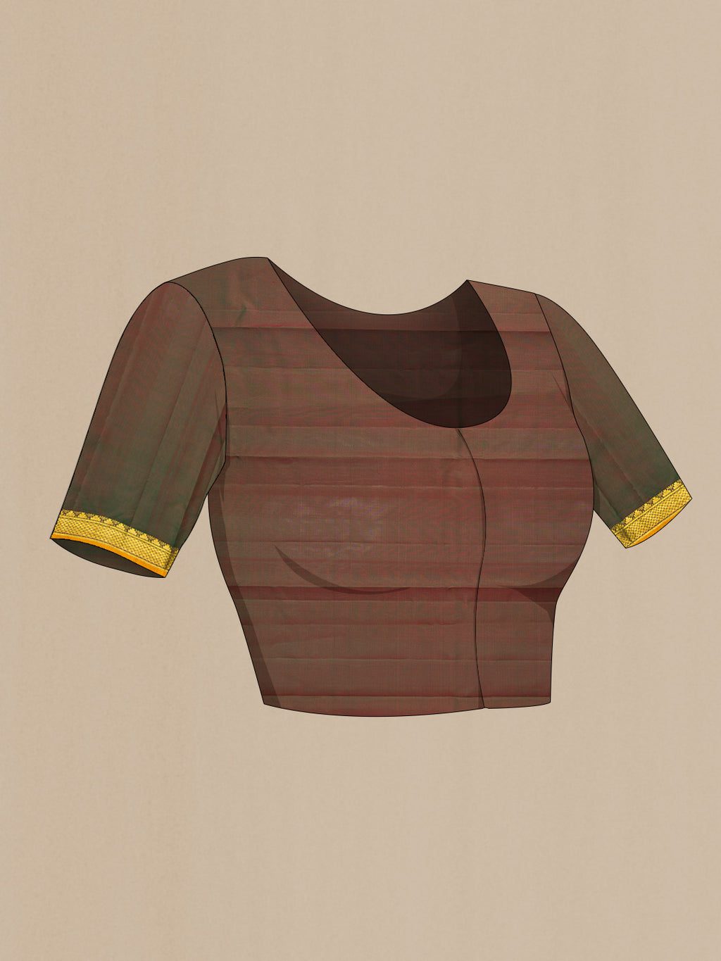 Close up image of the blouse of Maroon Dual Tone Kanchipuram Silk Saree with Zari Butta on the body and Zari Border. 