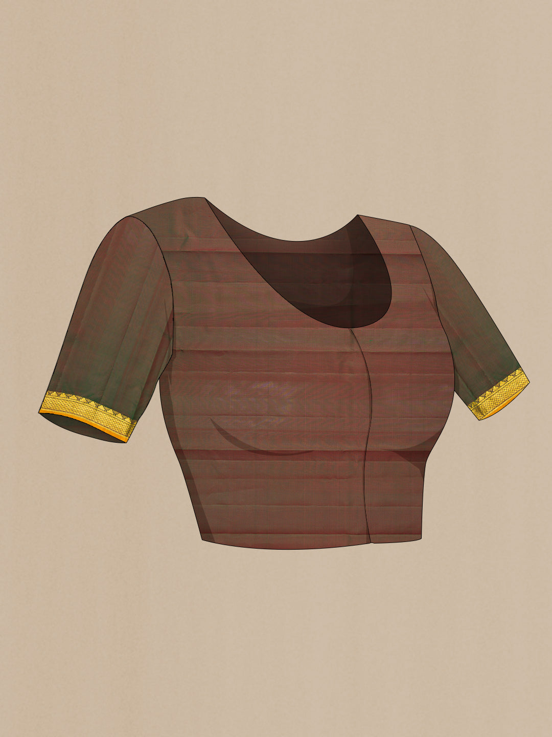 Close up image of the blouse of Maroon Dual Tone Kanchipuram Silk Saree with Zari Butta on the body and Zari Border. 