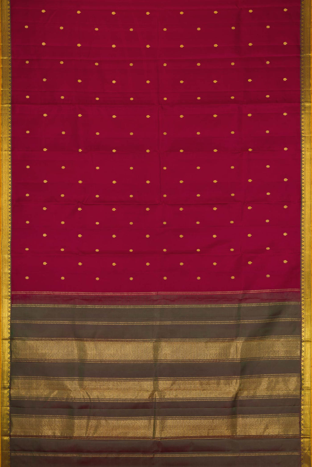 Flat view of Maroon Dual Tone Kanchipuram Silk Saree with Zari Butta on the body and Zari Border. 