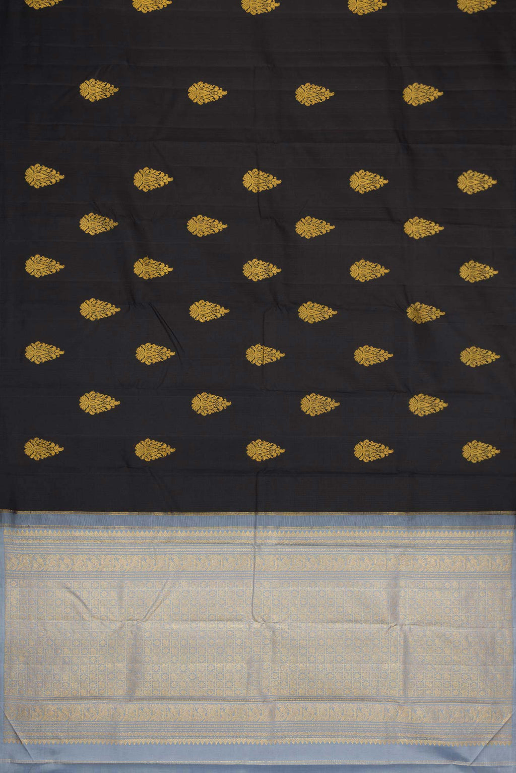 Flat view of Black Dual Tone Kanchipuram Silk Saree with Zari Butta on the body and Without Border