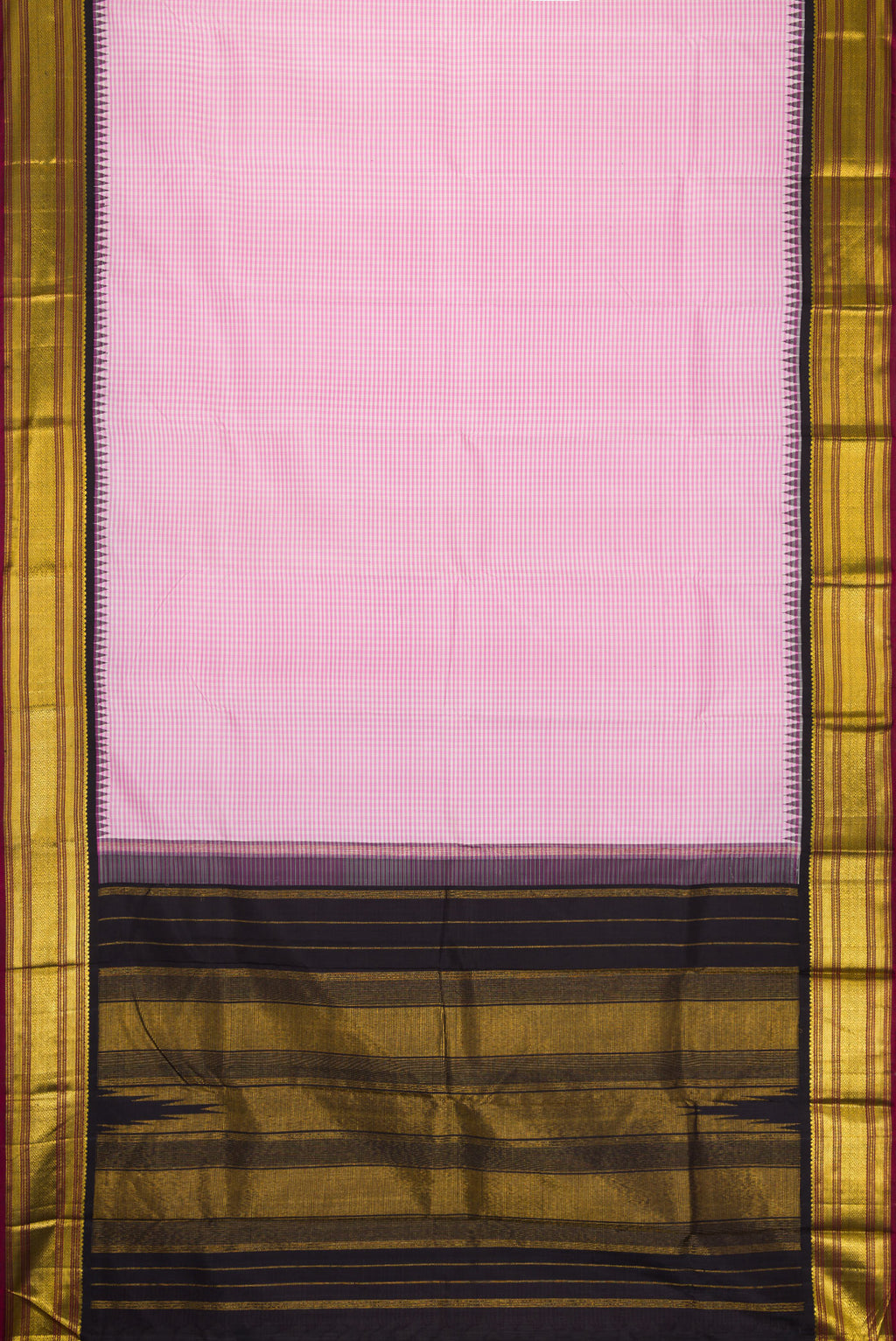 Flat view of Pink Dual Tone Kanjivaram Silk Saree with Checked design on the body and Zari Border. 