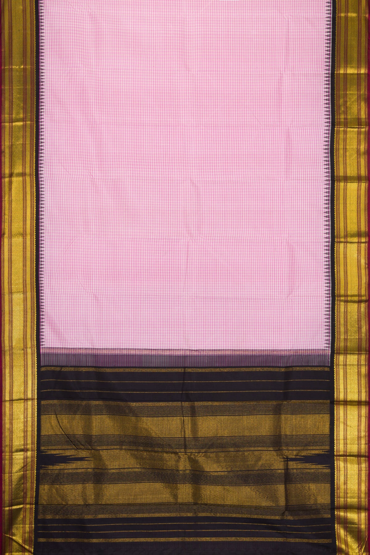 Flat view of Pink Dual Tone Kanjivaram Silk Saree with Checked design on the body and Zari Border. 