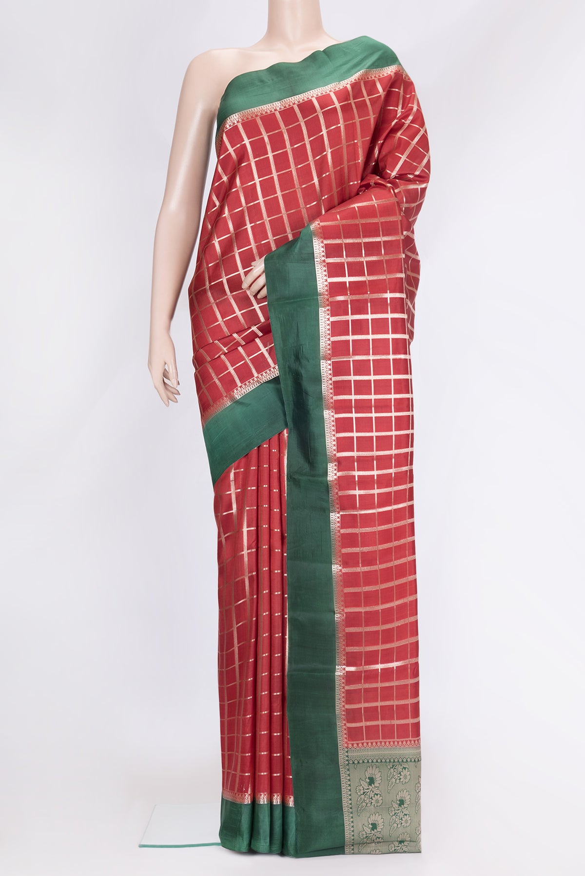 Maroon Dual Tone Tussar Silk Saree with Checked design on the body and Zari Border.  displayed on a mannequin