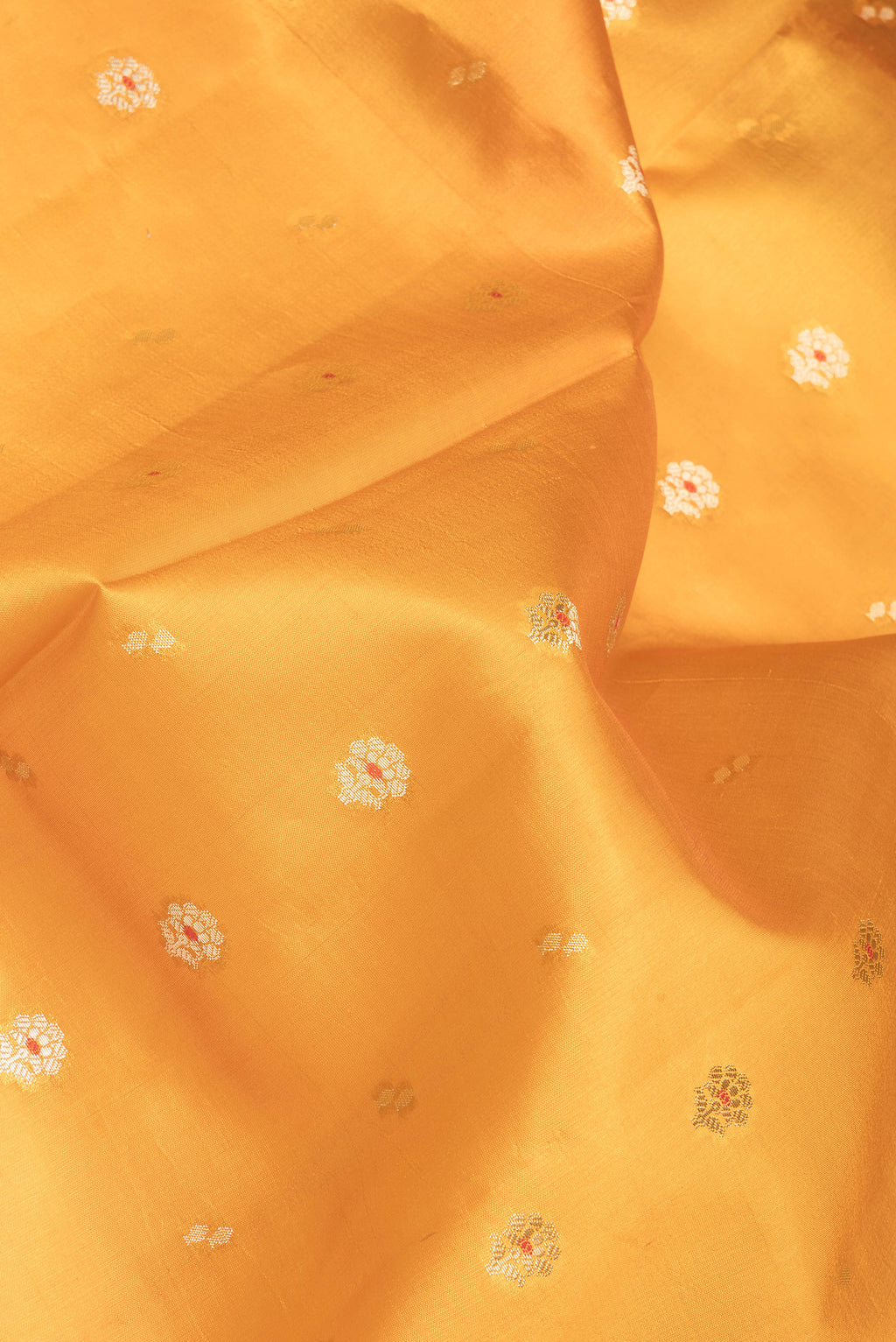Close up of Mustard Dual Tone Tussar Silk Saree with Zari Butta on the body and Fancy Border.  displaying folds