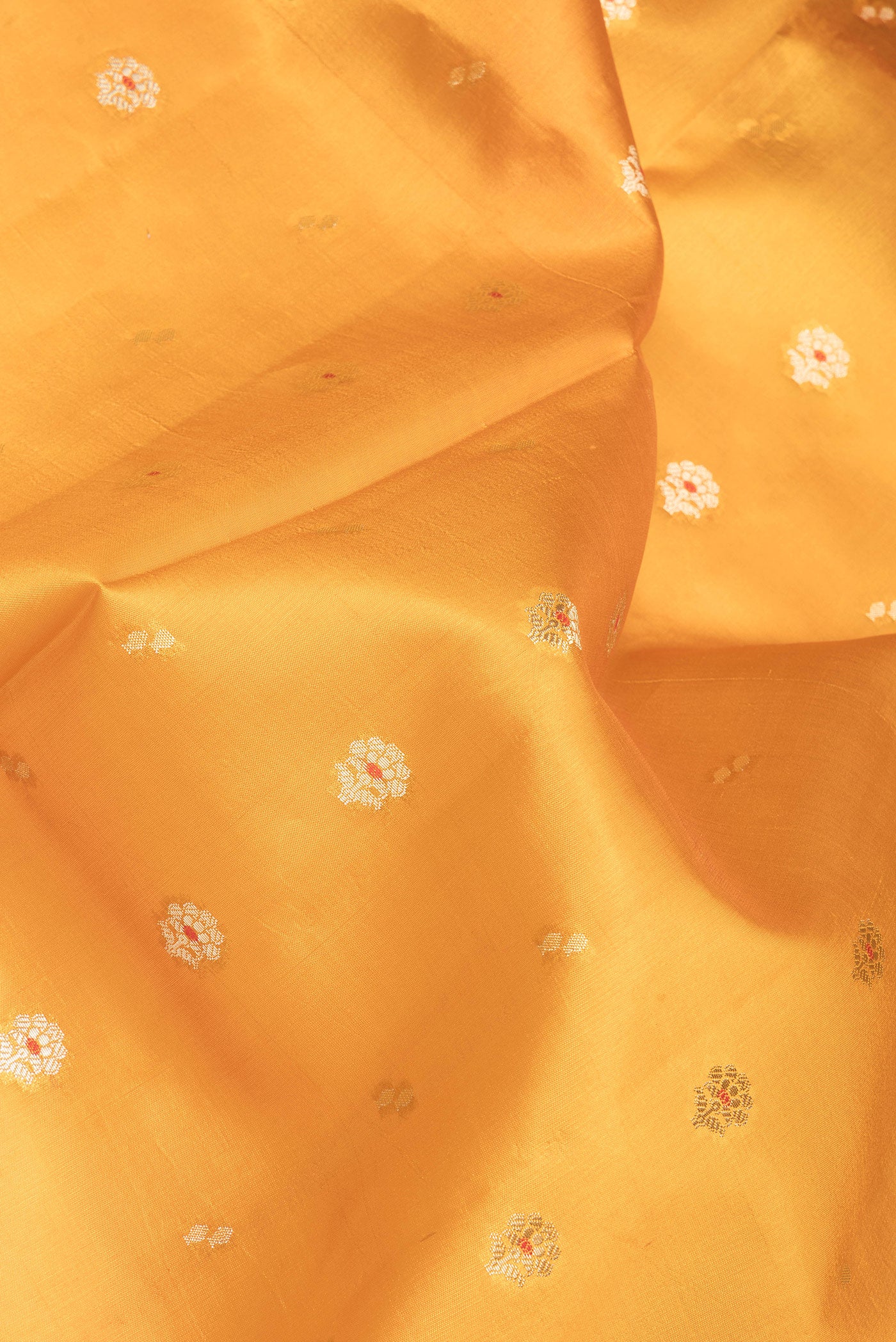Close up of Mustard Dual Tone Tussar Silk Saree with Zari Butta on the body and Fancy Border.  displaying folds