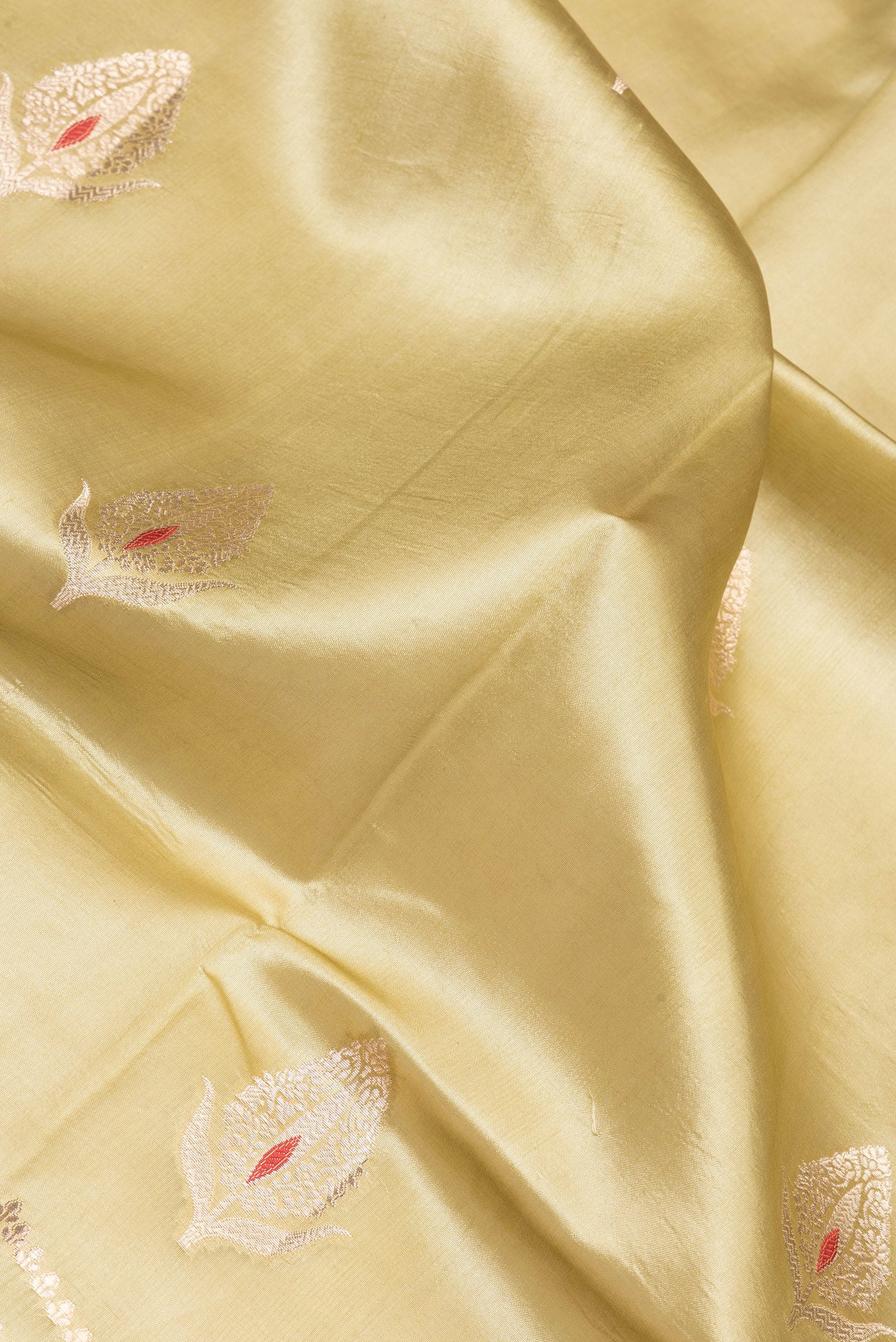 Close up of Beige Dual Tone Tussar Silk Saree with Zari Butta on the body and Zari Border.  displaying folds